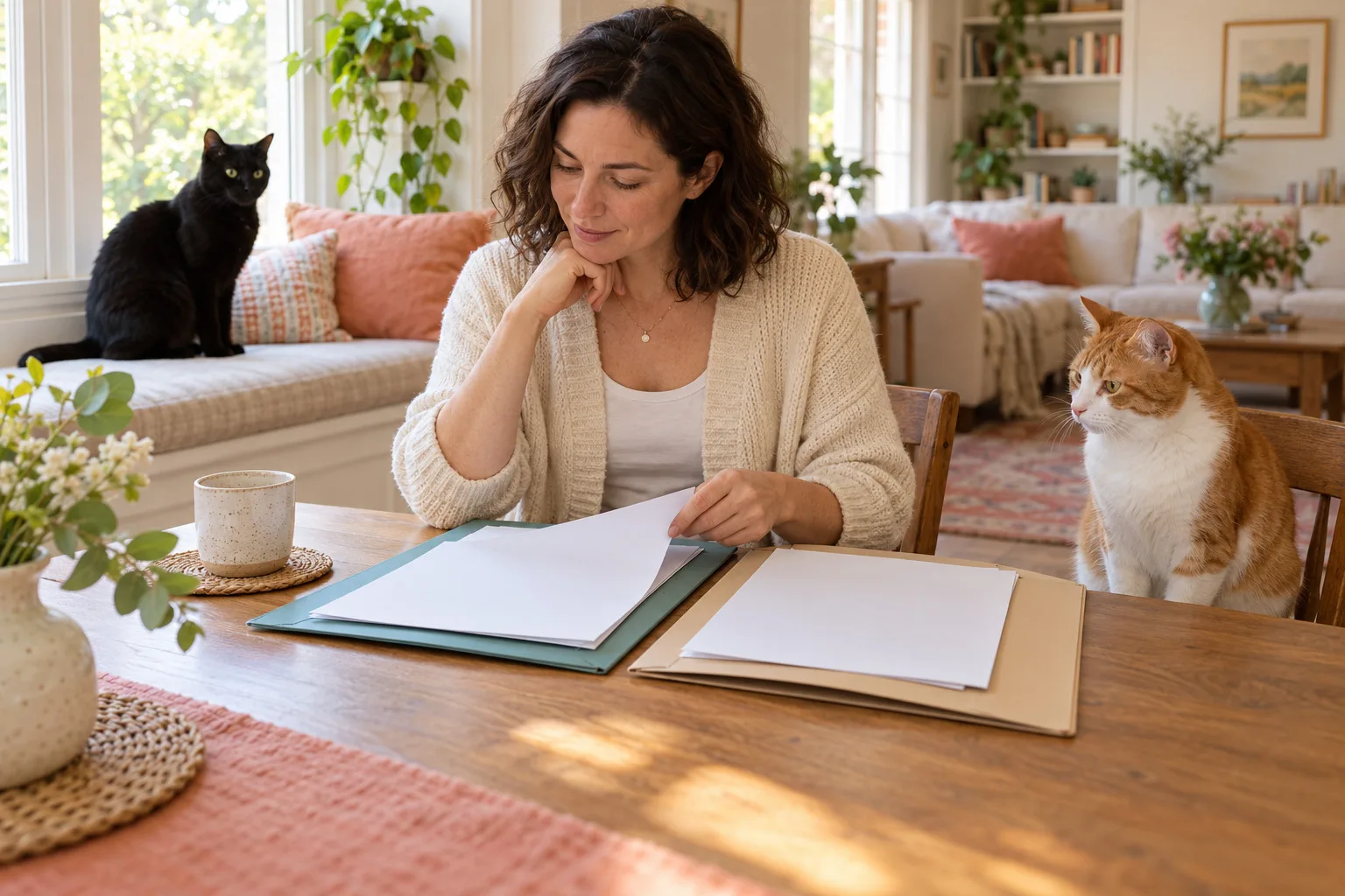 An owner comparing folders at a table while two cats rest nearby