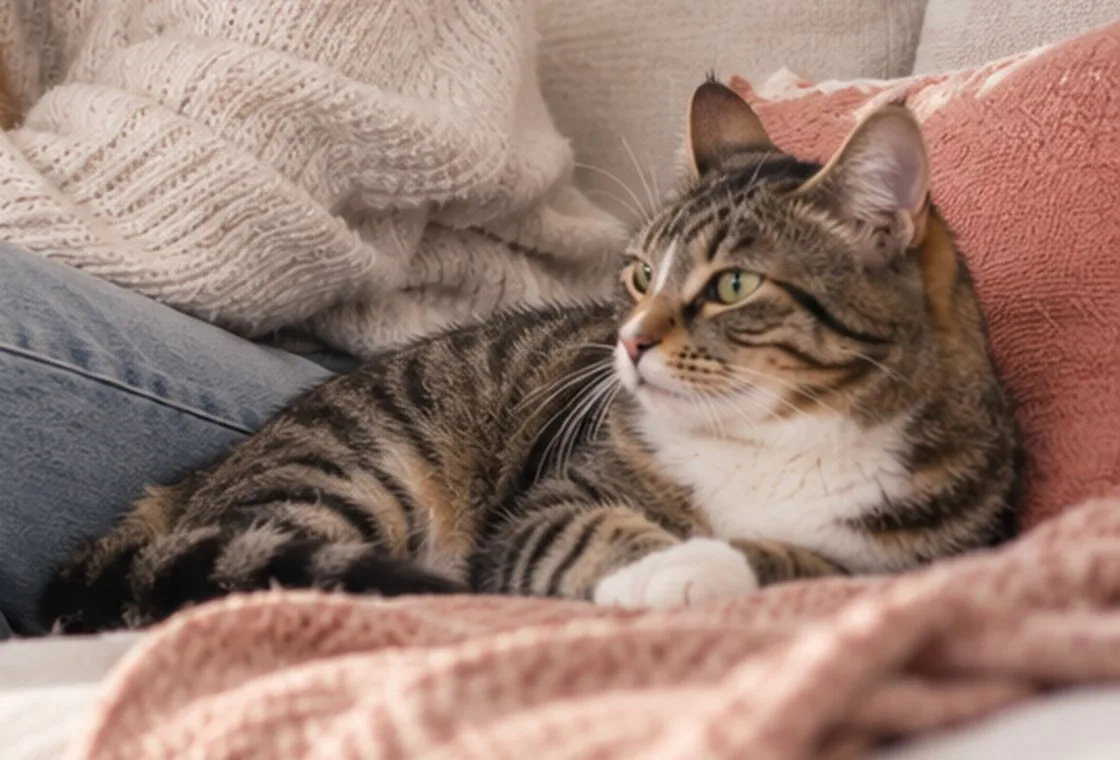 A tabby cat resting comfortably on a blanket